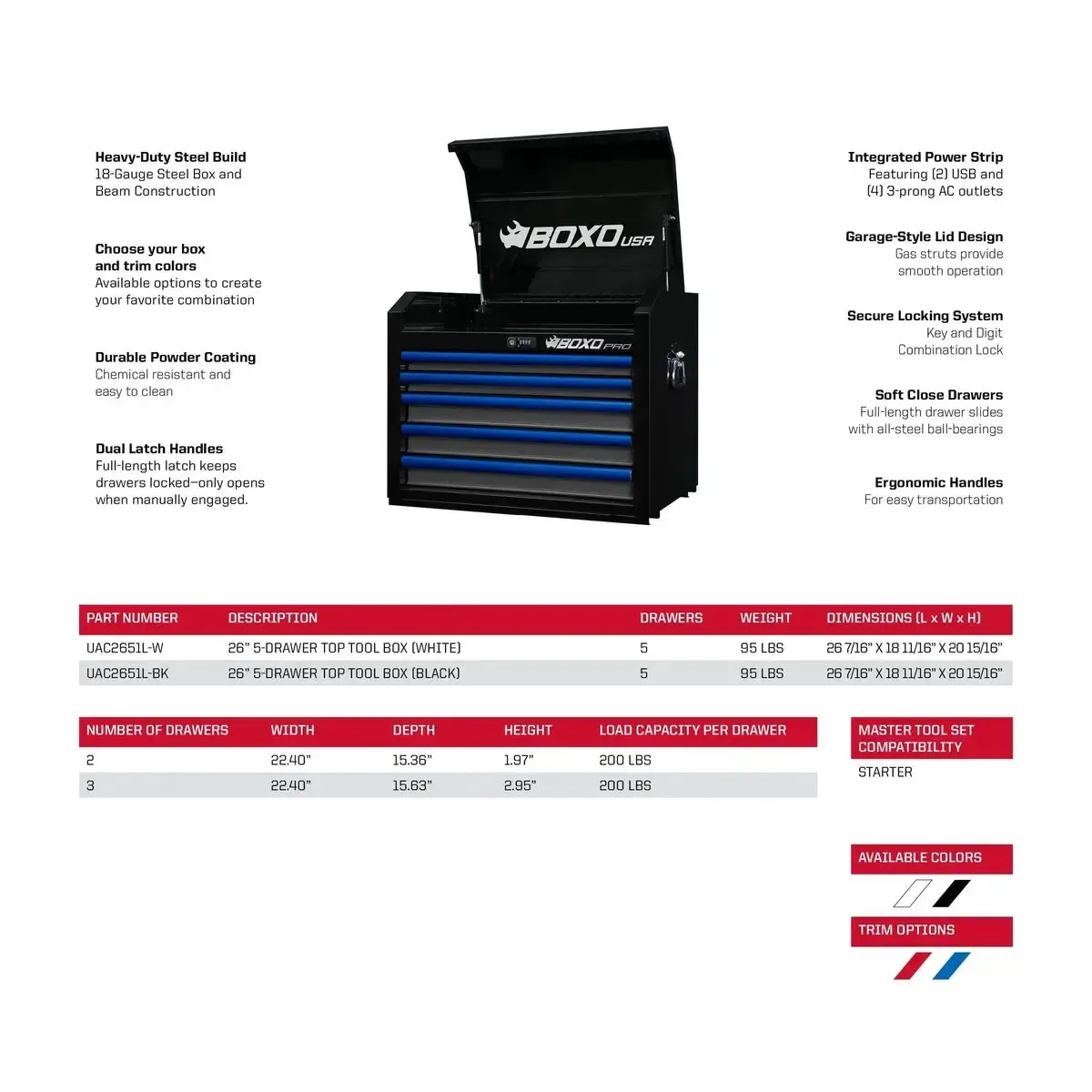 Pro Series | 26" 11-Drawer Rolling Tool Box | Black and Red - Image 6
